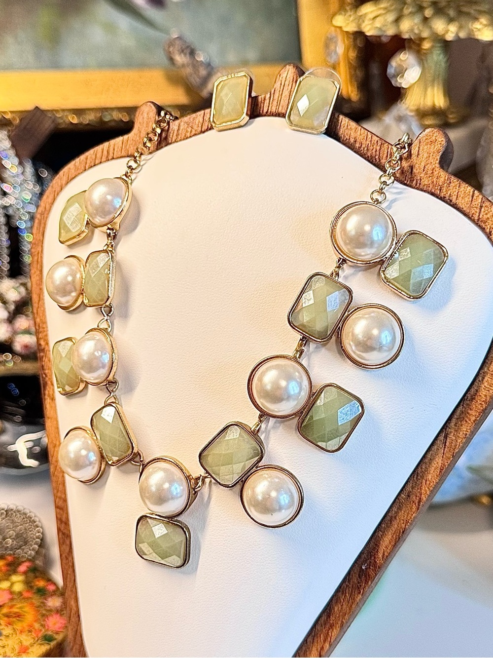 Vintage Cookie Lee Sage Green & Pearl Statement Necklace + Earring Set